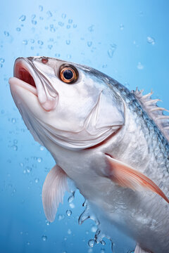 Fresh payara fish isolated on flat surface with copy space. Creative vertical banner concept for sport fishing or gourmet cuisine, slave fishing.