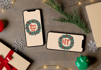 Christmas Table Scene with Two Phones Mockup