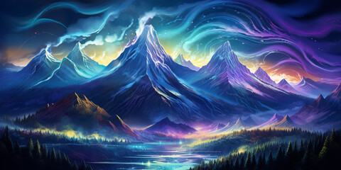 Obraz premium Multiple waves in the mountains, futuristic digital art mixing realistic and fantastical elements, glowing, bold, fine, and detailed.