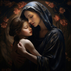 Mother and child wallpaper in the style of art painting, reimagined religious art.
