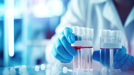 Lab doctor holding glass test tube for analysis. The hands  in gloves of a healthcare worker pipetting samples for pcr testing.