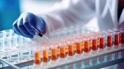 Lab doctor holding glass test tube for analysis. The hands of a healthcare worker pipetting samples for pcr testing.