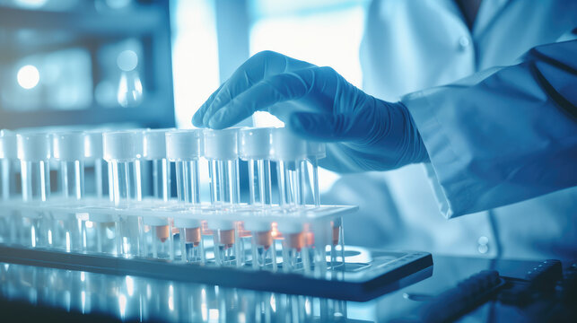 Lab Doctor Holding Glass Test Tube For Analysis. The Hands  In Gloves Of A Healthcare Worker Pipetting Samples For Pcr Testing.