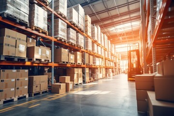 Cardboard Boxes Product in Warehouse Shelf. Product Package for logistic shipping. Retail Warehouse full of Shelves with Boxes for Delivery.