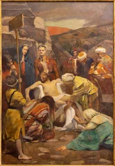  TREVISO, ITALY - NOVEMBER 8, 2023: The painting   Burial of Jesus as the part of Cross way stations in the church La Cattedrale di San Pietro Apostolo by Alessandro Pomi (1947). © Renáta Sedmáková