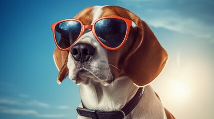 beagle wearing sunglasses, solo, calm, white background, copy space, 16:9