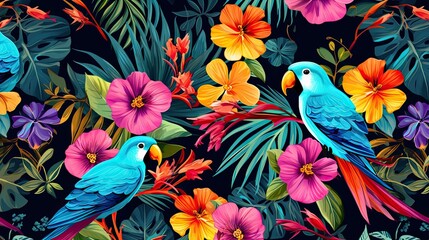 Fototapeta premium The tropical bird pattern has colorful flowers and bird illustrations