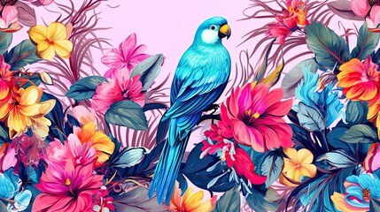 The tropical bird pattern has colorful flowers and bird illustrations