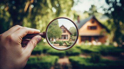 View through magnifying glass of a beautiful home in a suburban neighborhood, creative horizontal concept for choosing a suburban home to buy, rent or mortgage. - obrazy, fototapety, plakaty