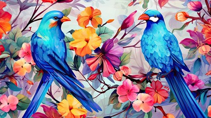 Obraz premium The tropical bird pattern has colorful flowers and bird illustrations