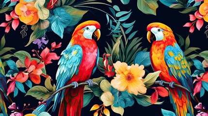Obraz premium The tropical bird pattern has colorful flowers and bird illustrations