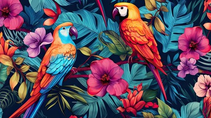 The tropical bird pattern has colorful flowers and bird illustrations - obrazy, fototapety, plakaty