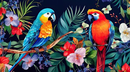 Obraz premium The tropical bird pattern has colorful flowers and bird illustrations