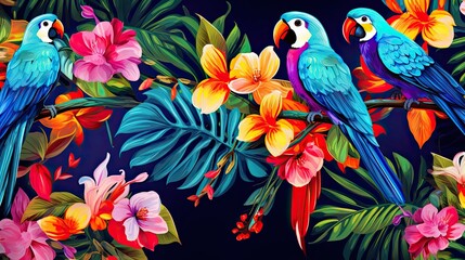 Obraz na płótnie Canvas The tropical bird pattern has colorful flowers and bird illustrations