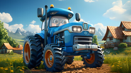 cartoon blue tractor with eyes on the yard