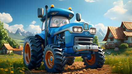 Obraz premium cartoon blue tractor with eyes on the yard