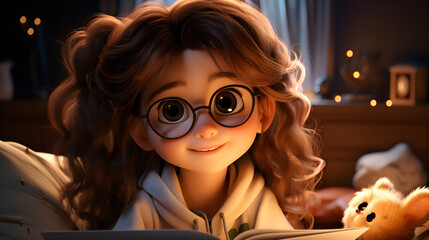 cartoon little girl in the glasses reads book