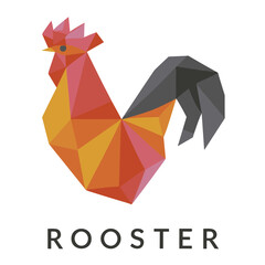 Minimal geometric vector logo of a rooster, suitable for various digital and print applications. Available in EPS, SVG, PNG, and JPEG formats with transparent background. Modern, professional, and ver