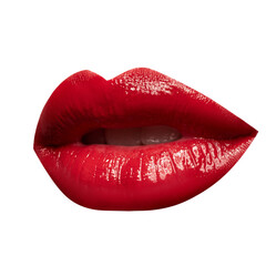 Photo of full plump in red glossy lipstick female lips isolated on transparent background. Mouth...