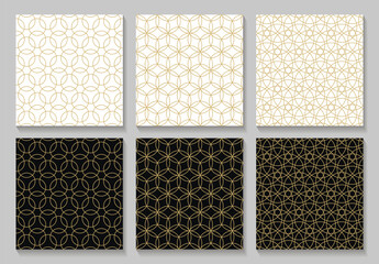 Seamless gold oriental patterns set. Islamic templates with shadows. Arabic linear textures. Vector brochures. - 680918637