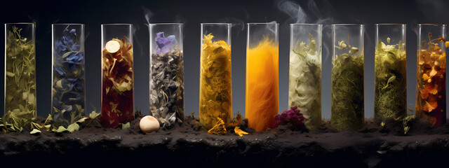 an artistic presentation of organic teas, emphasizing natural colors and textures