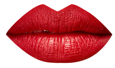Photo of full plump in red matte lipstick female lips isolated on transparent background. Mouth...
