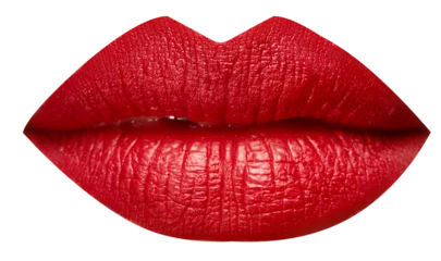 Fotobehang Photo of full plump in red matte lipstick female lips isolated on transparent background. Mouth clothed. Lip matte lipstick. © Lustre