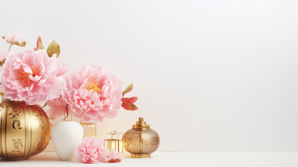 Obraz premium Chinese new year, Year of Dragon,lunar new year,festival,pink peony, lanterns, chinese lanterns, lamp, moon,Greeting card,paper cut,wall paper, background,white background,with space for your text