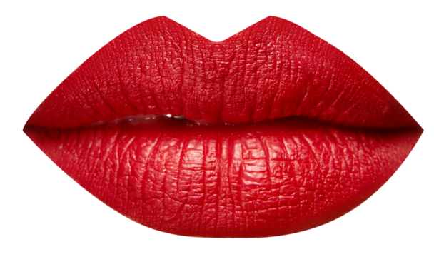Photo of full plump in red matte lipstick female lips isolated on transparent background. Mouth clothed. Lip matte lipstick.