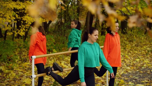 A group of women is doing fitness in an autumn park. Beautiful girls train spot on the yellow outside sheet. High quality 4k footage
