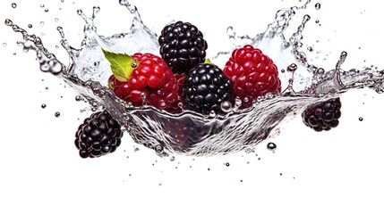Blackberries and raspberries with water splash isolated on white background