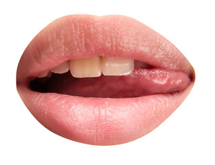 Open mouth, tongue touches teeth. Woman licking pink natural gloss lips isolated transparent...