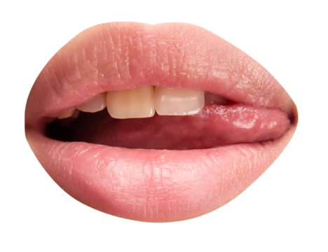 Open mouth, tongue touches teeth. Woman licking pink natural gloss lips isolated transparent background. Beautiful plump lips.