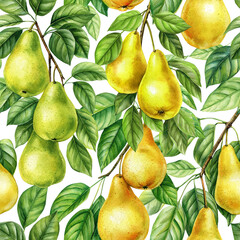 Pear twig. Seamless background with pear fruit, leaf. Design for paper, fabric, decor. Botanical watercolor illustration