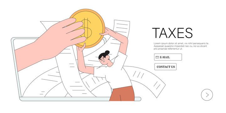 Tax time vector illustration. Character preparing documents for tax calculation, making income tax return and calculating business invoices. Taxation concept.