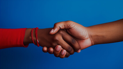 close up detail shot of afro americans shaking hands blue background