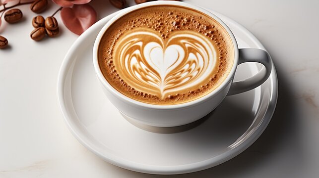A glass cup of coffee with a latte art pattern. AI generate illustration