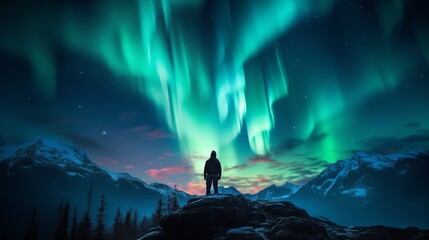 aurora borealis and male silhouette landscape with polar lights, young man hiker looking at northern lights starry sky on mountain peak at night, travel background with bright aurora