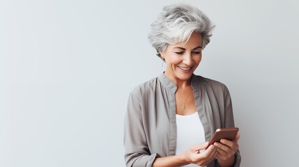 stylish senior woman with grey hair talking online using smartphone, modern lifestyle of the elderly, on light pastel background with copy space - obrazy, fototapety, plakaty