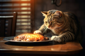AI generative images. Cute cat trying to steal and eat prepared food from the table - obrazy, fototapety, plakaty