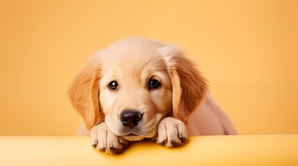 portrait of a cute golden retriever dog puppy on a light yellow background with space for text, copy space
