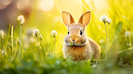 cute little bunny in grass, springtime bokeh background