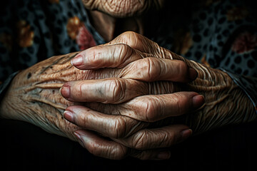 Fototapeta na wymiar AI Generated Image. Close up wrinkled hands of the senior elderly woman