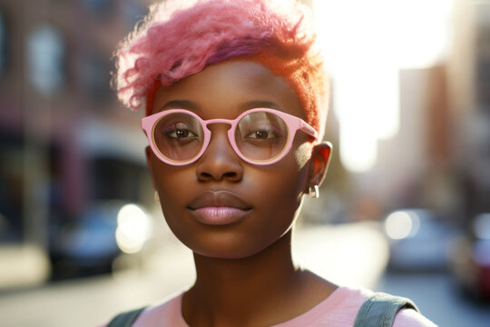 AI Generated Image. Serene introspective African American teenage girl with pink dyed hair and wearing eyeglasses while walking on a city street