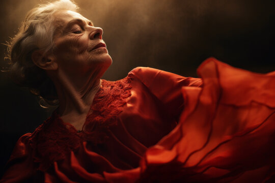 AI Generated Image. Serious passionate Spanish elderly senior woman dancing flamenco
