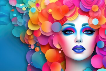 Beautiful drag queen face with colorful abstract background. 