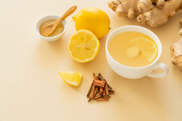 Ginger tea and ingredients - lemon, ginger, honey, 