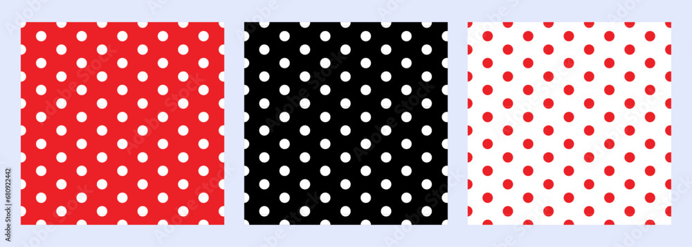 Poster Repeating Pattern Tile in Red, Black and White Polka Dots. Vector Seamless Patterns. Kids Party Backgrounds set. Children Birthday Invitation Backdrops.