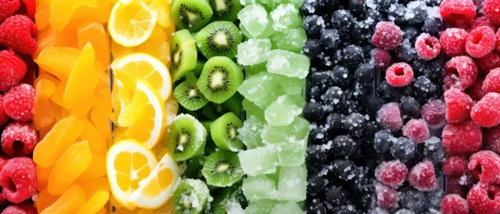 Fotobehang vertical arrangement of frozen fruits i, top view   © Klay