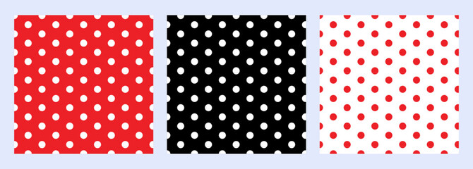 Repeating Pattern Tile in Red, Black and White Polka Dots. Vector Seamless Patterns. Kids Party Backgrounds set. Children Birthday Invitation Backdrops. © Olga Tsikarishvili